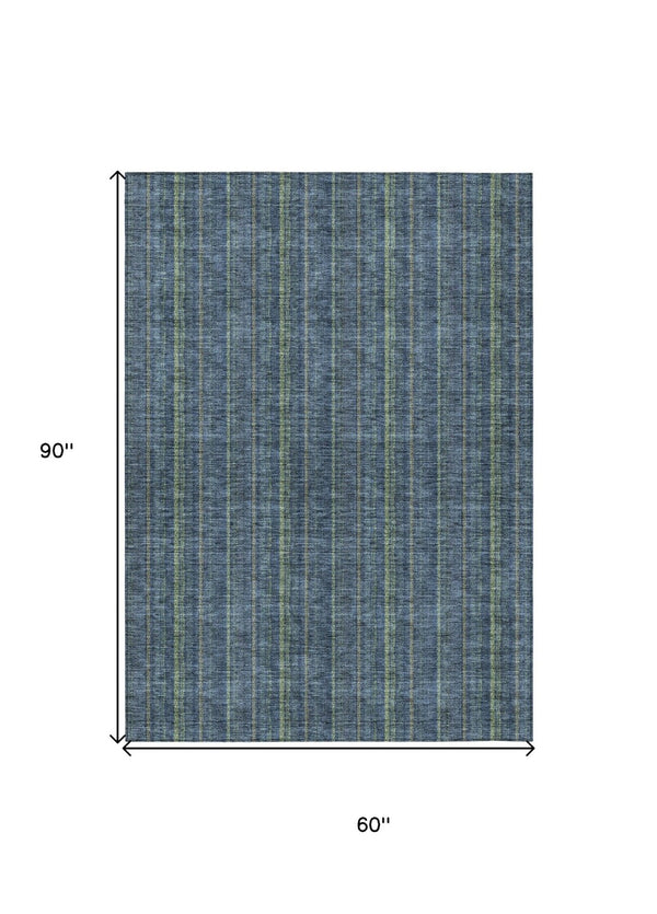 HomeRoots 5' Coastal Charm Striped Area Rug in Denim Blue & Mint Green - Durable, Washable for Indoor/Outdoor Use 5' X 8' 615038