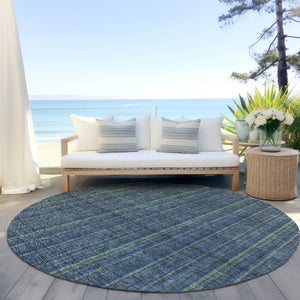 HomeRoots 5' Coastal Charm Striped Area Rug in Denim Blue & Mint Green - Durable, Washable for Indoor/Outdoor Use 8' Round 615039