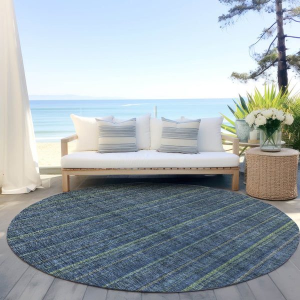 HomeRoots 5' Coastal Charm Striped Area Rug in Denim Blue & Mint Green - Durable, Washable for Indoor/Outdoor Use 8' Round 615039