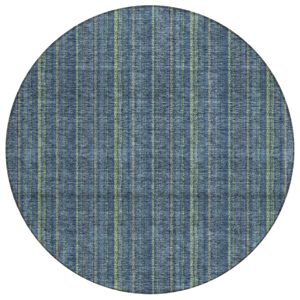 HomeRoots 5' Coastal Charm Striped Area Rug in Denim Blue & Mint Green - Durable, Washable for Indoor/Outdoor Use 8' Round 615039