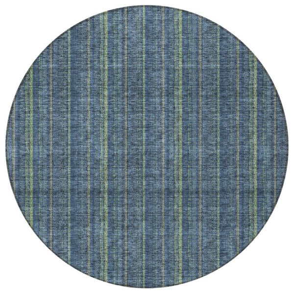 HomeRoots 5' Coastal Charm Striped Area Rug in Denim Blue & Mint Green - Durable, Washable for Indoor/Outdoor Use 8' Round 615039