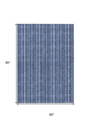 HomeRoots 5' Denim Blue and Ivory Striped Area Rug - Versatile Washable Design for Indoor and Outdoor Spaces 5' X 8' 615044