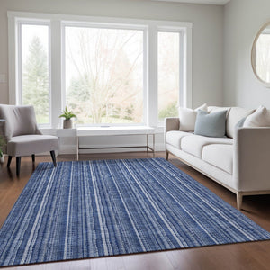 HomeRoots 5' Denim Blue and Ivory Striped Area Rug - Versatile Washable Design for Indoor and Outdoor Spaces 5' X 8' 615044