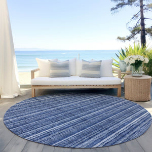 HomeRoots 5' Denim Blue and Ivory Striped Area Rug - Versatile Washable Design for Indoor and Outdoor Spaces 8' Round 615045