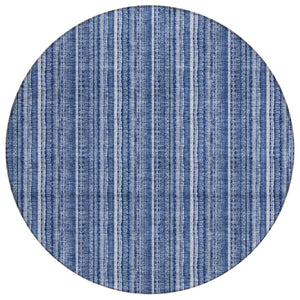 HomeRoots 5' Denim Blue and Ivory Striped Area Rug - Versatile Washable Design for Indoor and Outdoor Spaces 8' Round 615045