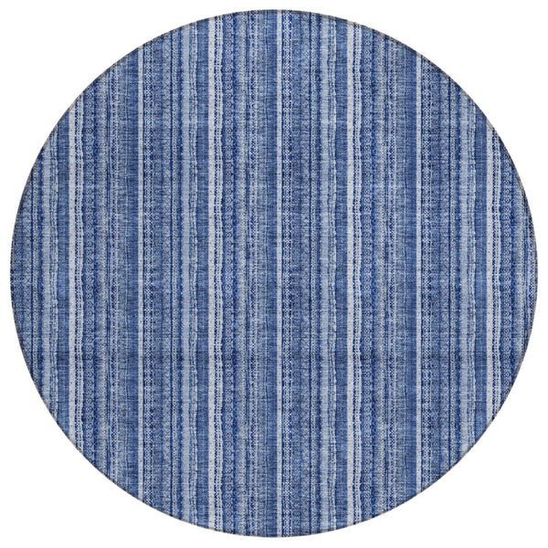 HomeRoots 5' Denim Blue and Ivory Striped Area Rug - Versatile Washable Design for Indoor and Outdoor Spaces 8' Round 615045