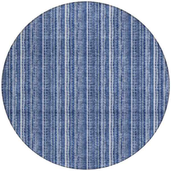 HomeRoots 5' Denim Blue and Ivory Striped Area Rug - Versatile Washable Design for Indoor and Outdoor Spaces 8' Round 615045