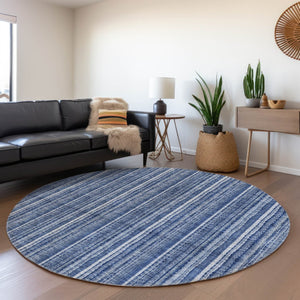 HomeRoots 5' Denim Blue and Ivory Striped Area Rug - Versatile Washable Design for Indoor and Outdoor Spaces 8' Round 615045