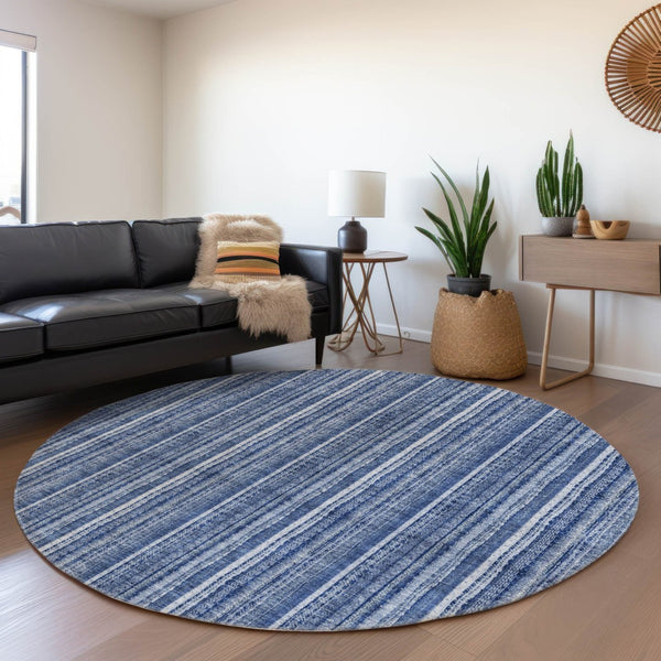 HomeRoots 5' Denim Blue and Ivory Striped Area Rug - Versatile Washable Design for Indoor and Outdoor Spaces 8' Round 615045