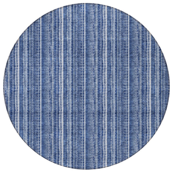 HomeRoots 5' Denim Blue and Ivory Striped Area Rug - Versatile Washable Design for Indoor and Outdoor Spaces 8' Round 615045
