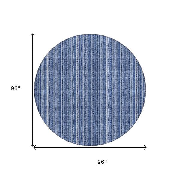 HomeRoots 5' Denim Blue and Ivory Striped Area Rug - Versatile Washable Design for Indoor and Outdoor Spaces 8' Round 615045