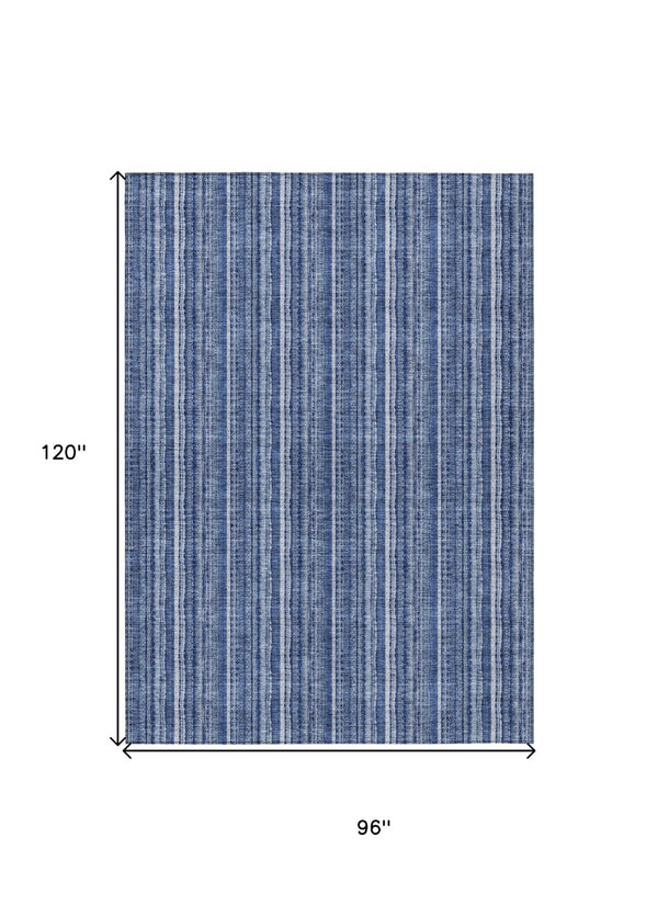 HomeRoots 5' Denim Blue and Ivory Striped Area Rug - Versatile Washable Design for Indoor and Outdoor Spaces 8' X 10' 615046