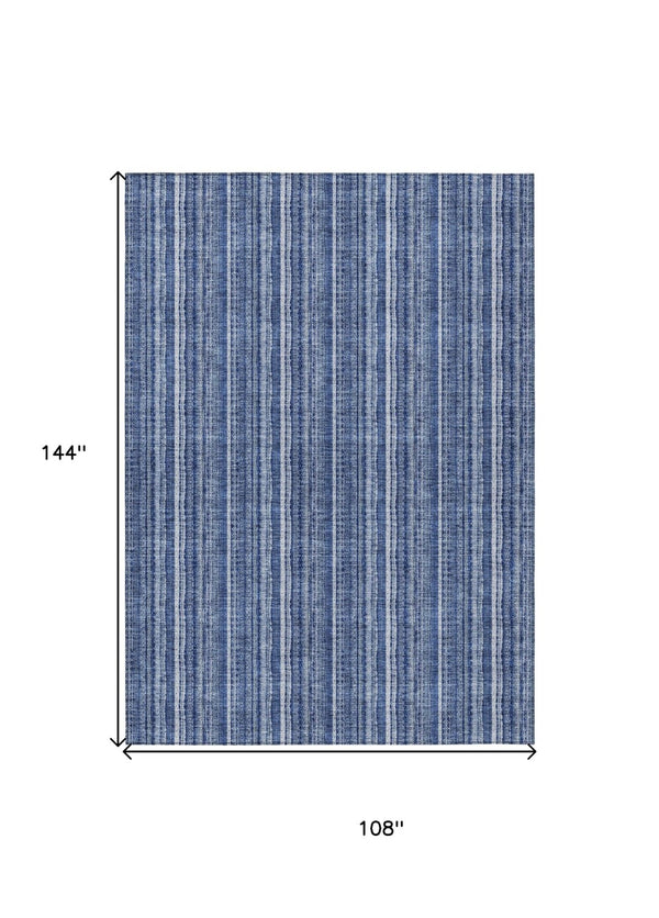HomeRoots 5' Denim Blue and Ivory Striped Area Rug - Versatile Washable Design for Indoor and Outdoor Spaces 9' X 12' 615047