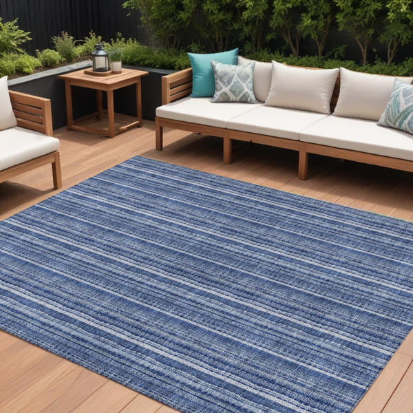 HomeRoots 5' Denim Blue and Ivory Striped Area Rug - Versatile Washable Design for Indoor and Outdoor Spaces 9' X 12' 615047