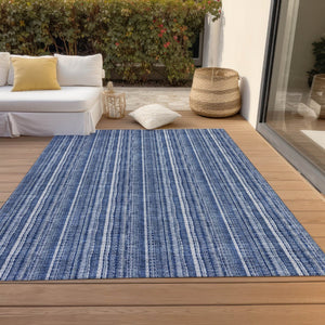 HomeRoots 5' Denim Blue and Ivory Striped Area Rug - Versatile Washable Design for Indoor and Outdoor Spaces 9' X 12' 615047