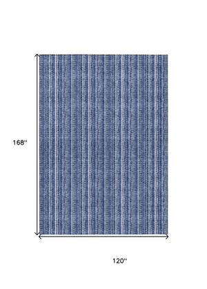 HomeRoots 5' Denim Blue and Ivory Striped Area Rug - Versatile Washable Design for Indoor and Outdoor Spaces 10' X 14' 615048