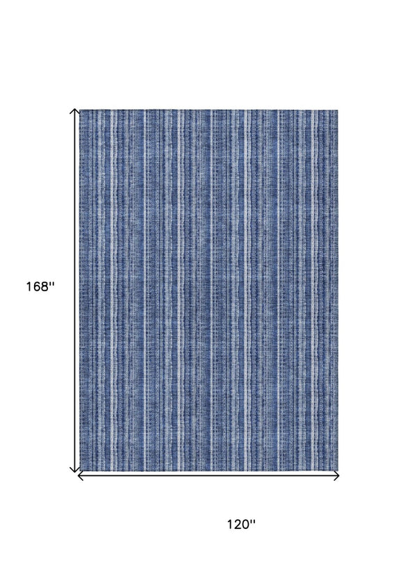 HomeRoots 5' Denim Blue and Ivory Striped Area Rug - Versatile Washable Design for Indoor and Outdoor Spaces 10' X 14' 615048