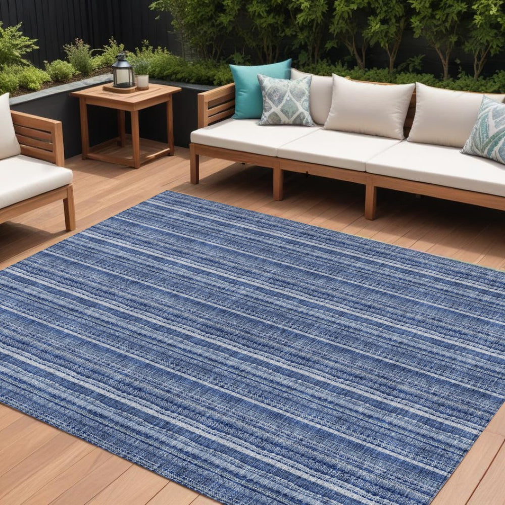 HomeRoots 5' Denim Blue and Ivory Striped Area Rug - Versatile Washable Design for Indoor and Outdoor Spaces 10' X 14' 615048