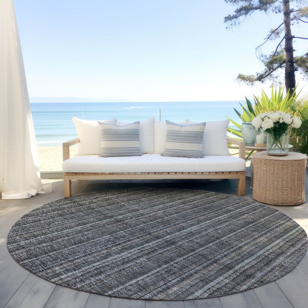 HomeRoots 5' Gray and Silver Striped Washable Area Rug - Durable, Stylish Design for Indoor and Outdoor Spaces 8' Round 615051