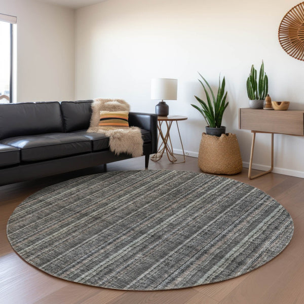 HomeRoots 5' Gray and Silver Striped Washable Area Rug - Durable, Stylish Design for Indoor and Outdoor Spaces 8' Round 615051