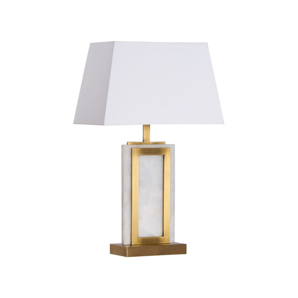 Wildwood Hopewell Alabaster Table Lamp With Antique Brass Frame, Geometric Sculptural Accent For Living Spaces 61506
