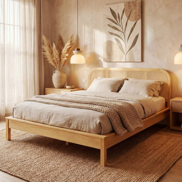 English Elm Queen Solid Pine Bed Frame with Woven Rattan Headboard for Coastal Boho Bedrooms N758Q465253N