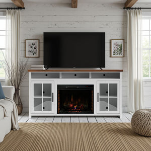 English Elm 74 Rustic Fireplace TV Stand Console for TVs up to 85", Two-Tone Jasmine Whitewash & Barnwood Finish with Electric Fireplace Insert and Cable Management B108P160229
