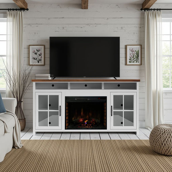 English Elm 74 Rustic Fireplace TV Stand Console for TVs up to 85", Two-Tone Jasmine Whitewash & Barnwood Finish with Electric Fireplace Insert and Cable Management B108P160229