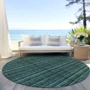 HomeRoots 5' Coastal-Inspired Teal Blue and Mint Green Striped Area Rug for Indoor & Outdoor Spaces 8' Round 615088