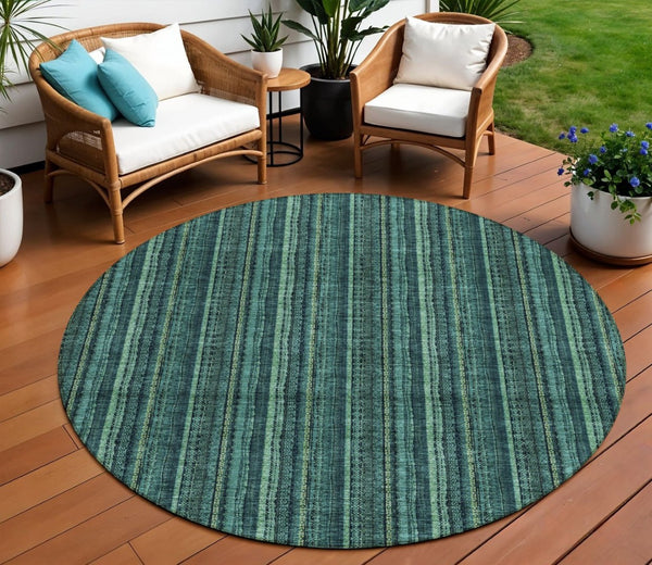 HomeRoots 5' Coastal-Inspired Teal Blue and Mint Green Striped Area Rug for Indoor & Outdoor Spaces 8' Round 615088
