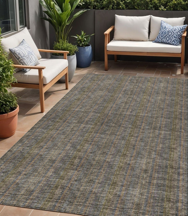 HomeRoots 5' Stylish Striped Washable Area Rug – Durable Indoor Outdoor Design in Taupe, Blue, and Green 5' X 8' 615096