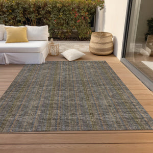 HomeRoots 5' Stylish Striped Washable Area Rug – Durable Indoor Outdoor Design in Taupe, Blue, and Green 5' X 8' 615096
