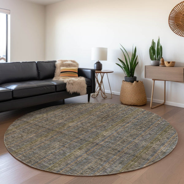 HomeRoots 5' Stylish Striped Washable Area Rug – Durable Indoor Outdoor Design in Taupe, Blue, and Green 8' Round 615097