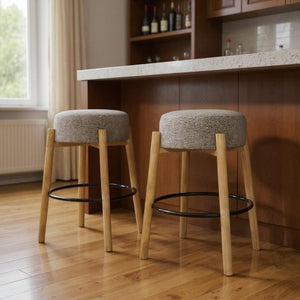 HomeRoots Set of Two Stylish Gray Fabric Backless Bar Stools with Natural Wood Base for Modern Spaces 615099
