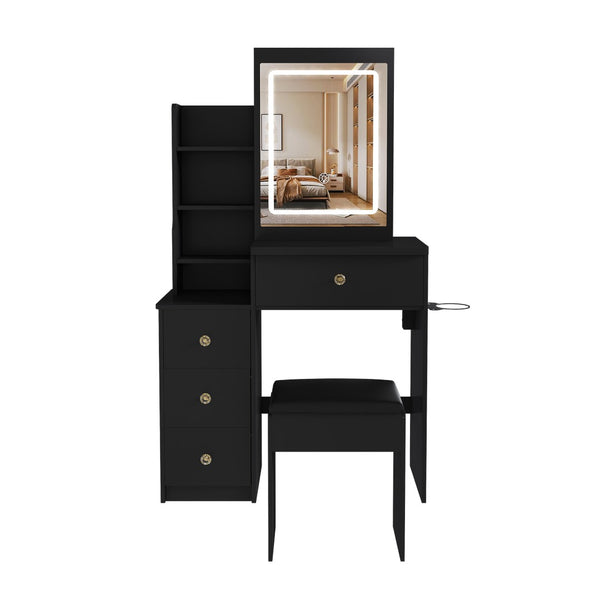 English Elm Modern Vanity Desk with Led Lighting Four Drawers Glossy Mdf and Dressing Chair W509P465829