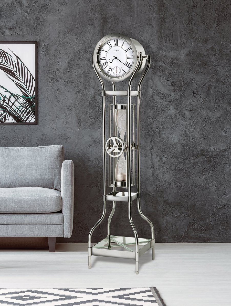 Hekman Furniture 615100 Contemporary Silver Hourglass Floor Clock With Glossy Chrome Finish And Glass Display Shelf  Hourglass Ii Grandfather Clock 615100