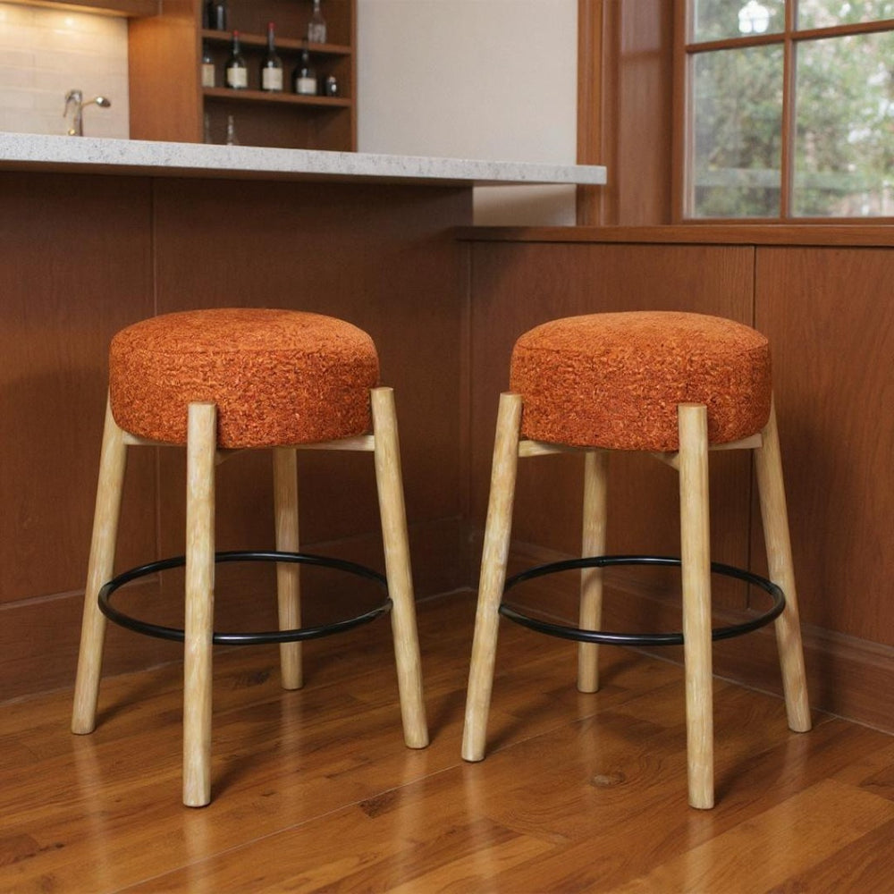HomeRoots Set of Two Stylish Rust Fabric and Natural Wood Backless Bar Stools for Modern Spaces 615101