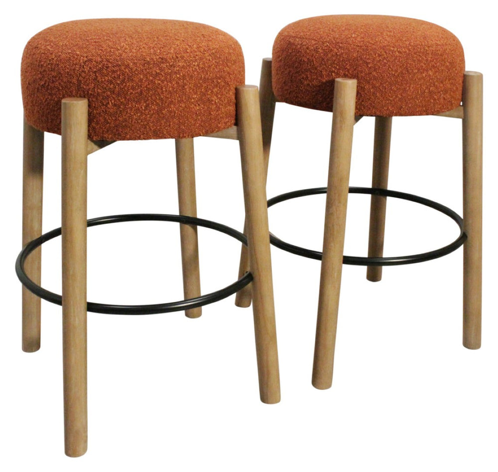 HomeRoots Set of Two Stylish Rust Fabric and Natural Wood Backless Bar Stools for Modern Spaces 615101
