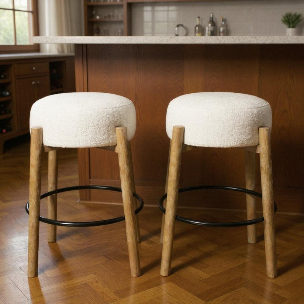 HomeRoots Set of Two Stylish Ivory Upholstered Backless Bar Stools with Solid Wood Base for Modern Spaces 615103