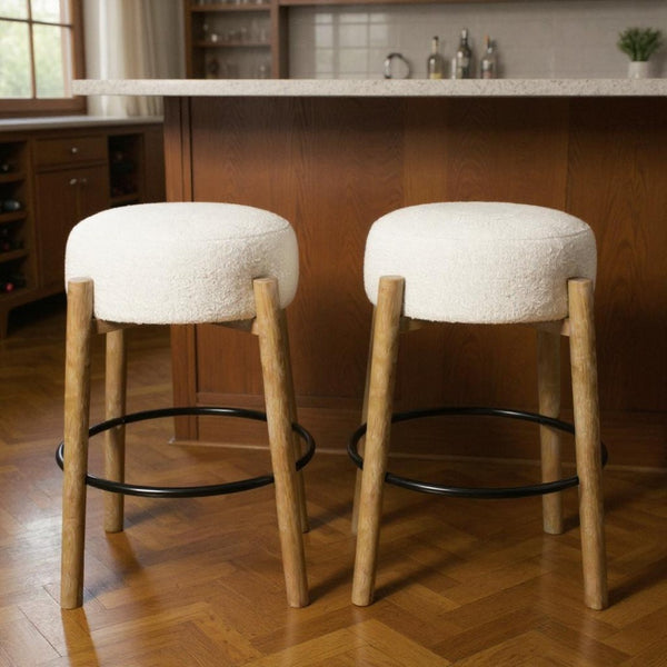 HomeRoots Set of Two Stylish Ivory Upholstered Backless Bar Stools with Solid Wood Base for Modern Spaces 615103
