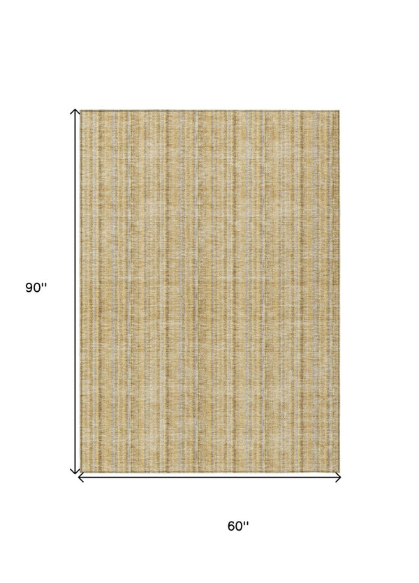 HomeRoots 5' Elegant Wheat Gold and Gray Striped Area Rug - Durable, Washable Design for Indoor & Outdoor Use 5' X 8' 615105