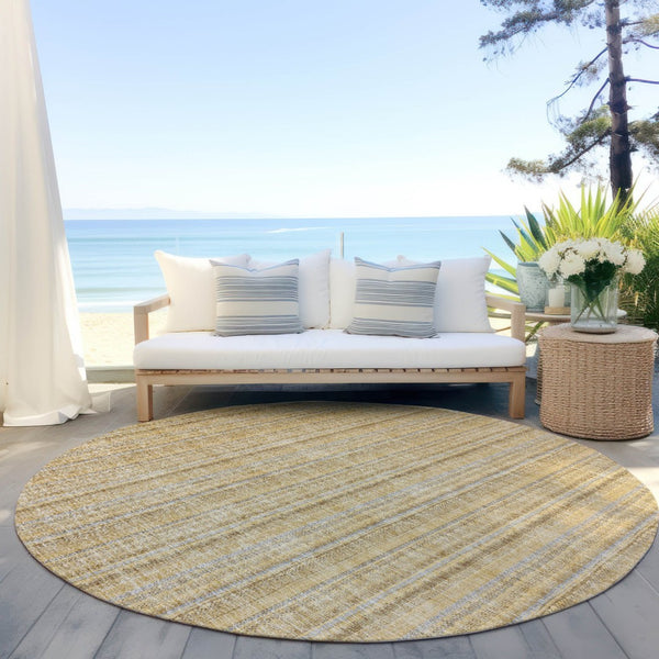 HomeRoots 5' Elegant Wheat Gold and Gray Striped Area Rug - Durable, Washable Design for Indoor & Outdoor Use 8' Round 615106