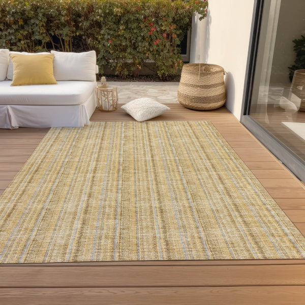 HomeRoots 5' Elegant Wheat Gold and Gray Striped Area Rug - Durable, Washable Design for Indoor & Outdoor Use 10' X 14' 615109
