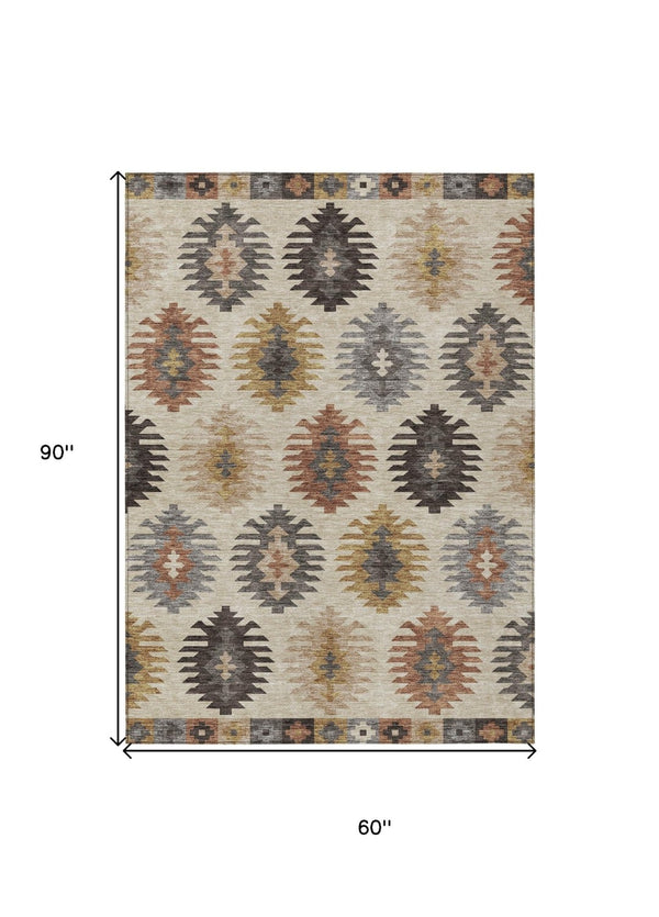 HomeRoots 5' Southwestern Indoor Outdoor Area Rug in Beige, Copper & Gray – Durable, Stylish, Washable Design 5' X 8' 615111