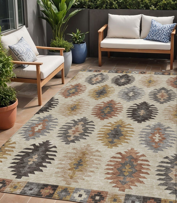 HomeRoots 5' Southwestern Indoor Outdoor Area Rug in Beige, Copper & Gray – Durable, Stylish, Washable Design 5' X 8' 615111