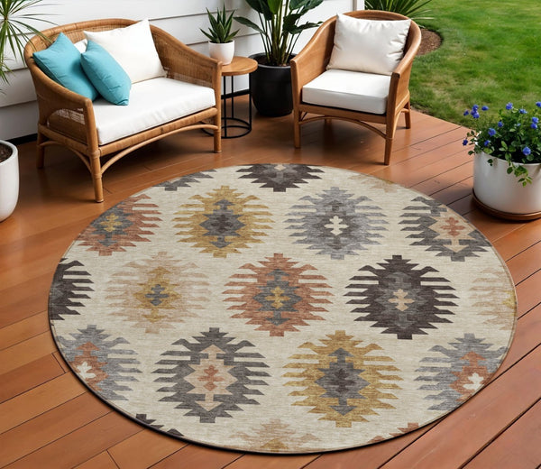 HomeRoots 5' Southwestern Indoor Outdoor Area Rug in Beige, Copper & Gray – Durable, Stylish, Washable Design 8' Round 615112