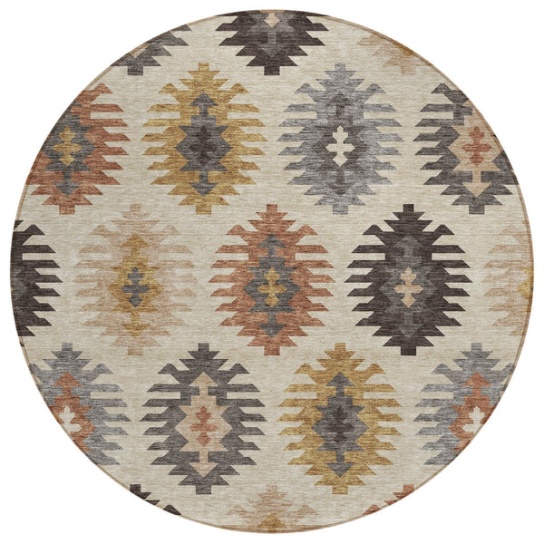 HomeRoots 5' Southwestern Indoor Outdoor Area Rug in Beige, Copper & Gray – Durable, Stylish, Washable Design 8' Round 615112