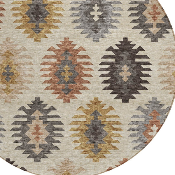 HomeRoots 5' Southwestern Indoor Outdoor Area Rug in Beige, Copper & Gray – Durable, Stylish, Washable Design 8' Round 615112