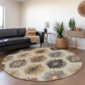 HomeRoots 5' Southwestern Indoor Outdoor Area Rug in Beige, Copper & Gray – Durable, Stylish, Washable Design 8' Round 615112