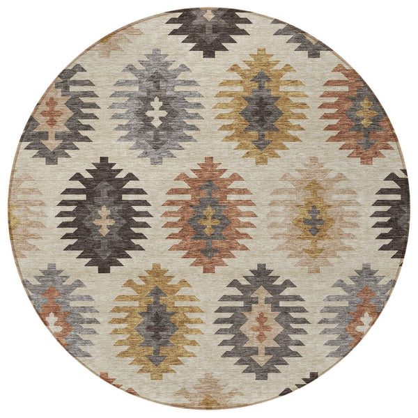 HomeRoots 5' Southwestern Indoor Outdoor Area Rug in Beige, Copper & Gray – Durable, Stylish, Washable Design 8' Round 615112